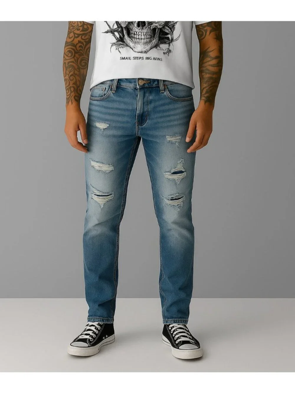KDNK Men’s Distressed Ripped Jeans Size 40 Light Wash Slim Fit Streetwear